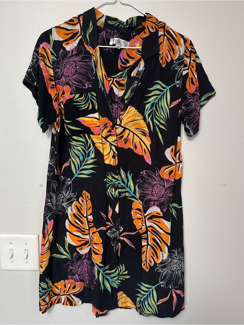 Floral V-Neck Mini Dress in Black with Tropical Print